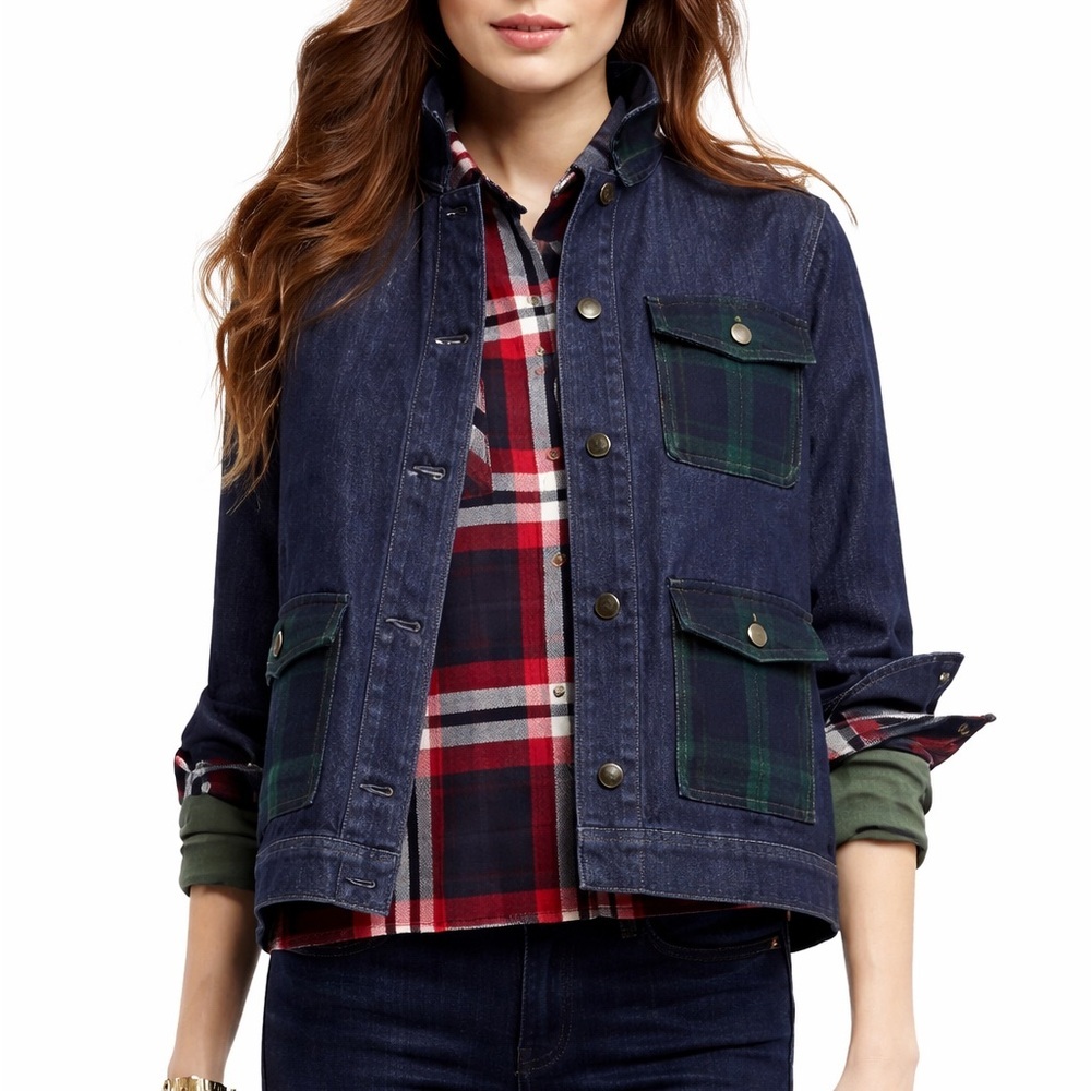 Pendleton‎ Denim Jacket Plaid Wool Pocket Jean Coat Black Watch Tartan XSmall